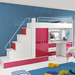 Garnero Arredamenti Letti A Castello|Letti A Castello-Letto a soppalco con armadio 324x180cm bianco rosa 2  letti Diego Gihome® Bianco Lucido - Rosa