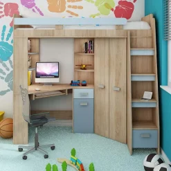 Garnero Arredamenti Letti A Castello|Letti A Castello-Letto a soppalco 204x120cm destra rovere blu Dollie Gihome® Rovere - Azzurro