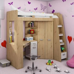 Garnero Arredamenti Letti A Castello|Letti A Castello-Letto a soppalco 204x120cm destra quercia bianco Dollie Gihome® Rovere Rustico - Bianco