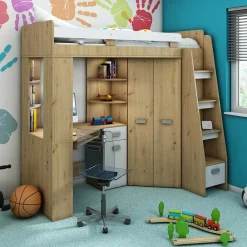 Garnero Arredamenti Letti A Castello|Letti A Castello-Letto a soppalco 204x120cm destra quercia bianco Dollie Gihome® Rovere Rustico - Bianco