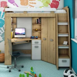 Garnero Arredamenti Letti A Castello|Letti A Castello-Letto a soppalco 204x120cm destra quercia bianco Dollie Gihome® Rovere Rustico - Bianco