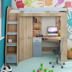 Garnero Arredamenti Letti A Castello|Letti A Castello-Letto a soppalco 204x120cm sinistra rovere blu Dollie Gihome® Rovere - Azzurro