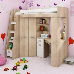 Garnero Arredamenti Letti A Castello|Letti A Castello-Letto a soppalco 204x120cm sinistra rovere bianco Dollie Gihome® Bianco - Rovere