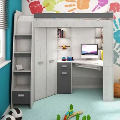 Garnero Arredamenti Letti A Castello|Letti A Castello-Letto a soppalco 204x120cm sinistra bianco pino grafite Dollie Gihome® Grafite - Bianco Frassinato