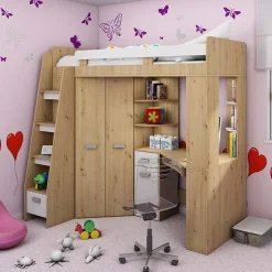 Garnero Arredamenti Letti A Castello|Letti A Castello-Letto a soppalco 204x120cm sinistra quercia bianco Dollie Gihome® Bianco - Rovere Rustico