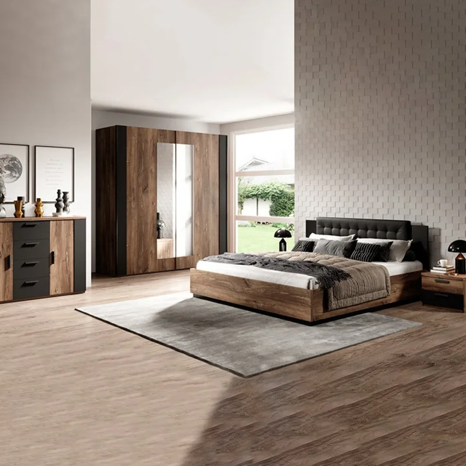 Garnero Arredamenti Letti Alla Francese-Letto alla francese contenitore 140x200cm rovere scuro nero Vulcano Rovere Rustico