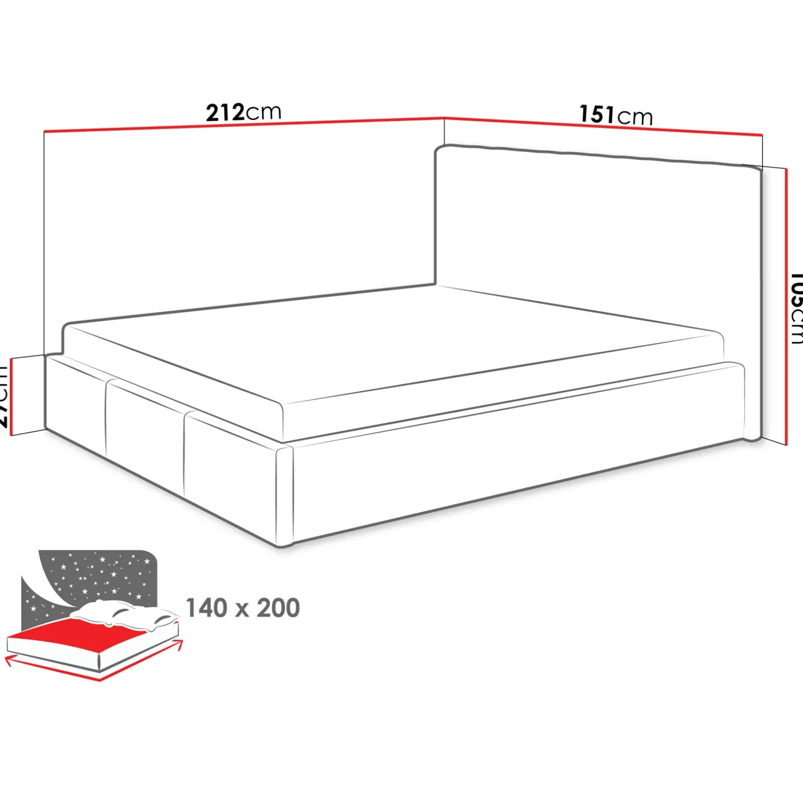 Garnero Arredamenti Letti Alla Francese-Letto alla francese 140x200 cm con rete contenitore imbottito grigio Orione Tessuto Fresco Grigio