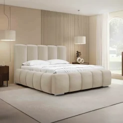 Garnero Arredamenti Letti Alla Francese|Letti Per Bambini E Ragazzi-Letto alla francese 140x200 cm con rete contenitore imbottito beige Cometa Tessuto Paros Beige
