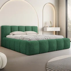 Garnero Arredamenti Letti Alla Francese|Letti Per Bambini E Ragazzi-Letto alla francese 140x200cm con rete contenitore imbottito tessuto bouclé verde Aluna Tessuto Abriamo Verde