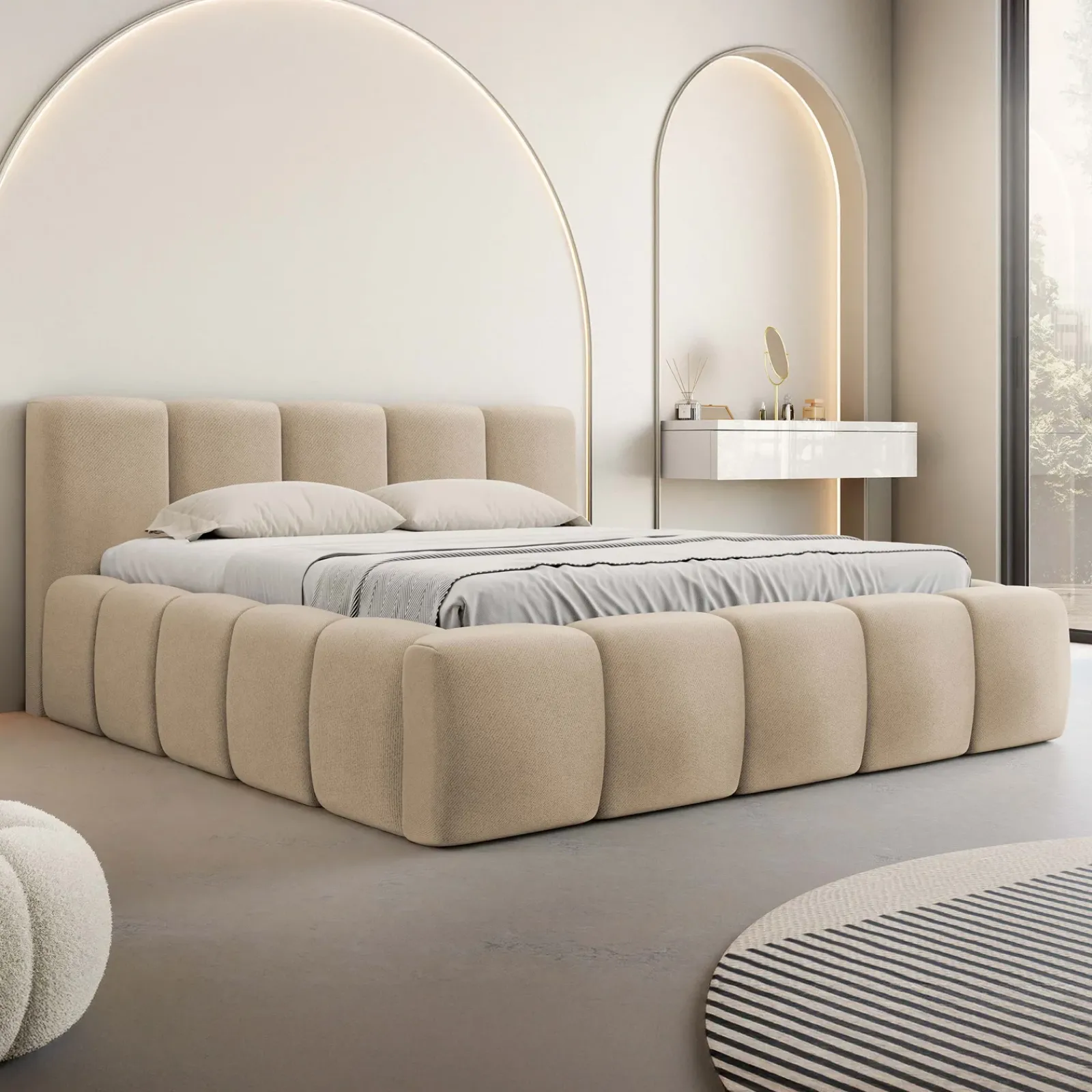 Garnero Arredamenti Letti Alla Francese-Letto alla francese 140x200cm con rete contenitore imbottito beige scuro Aluna Tessuto Paros Beige Scuro