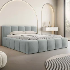 Garnero Arredamenti Letti Alla Francese-Letto alla francese 140x200cm con rete contenitore imbottito azzurro grigio Aluna Tessuto Paros Azzurro Grigio