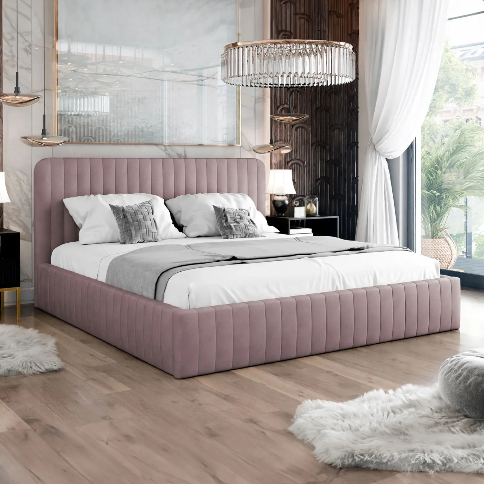 Garnero Arredamenti Letti Alla Francese-Letto contenitore alla francese 140x200cm imbottito velluto rosa Poffi Tessuto Vellutato Lucido Rosa