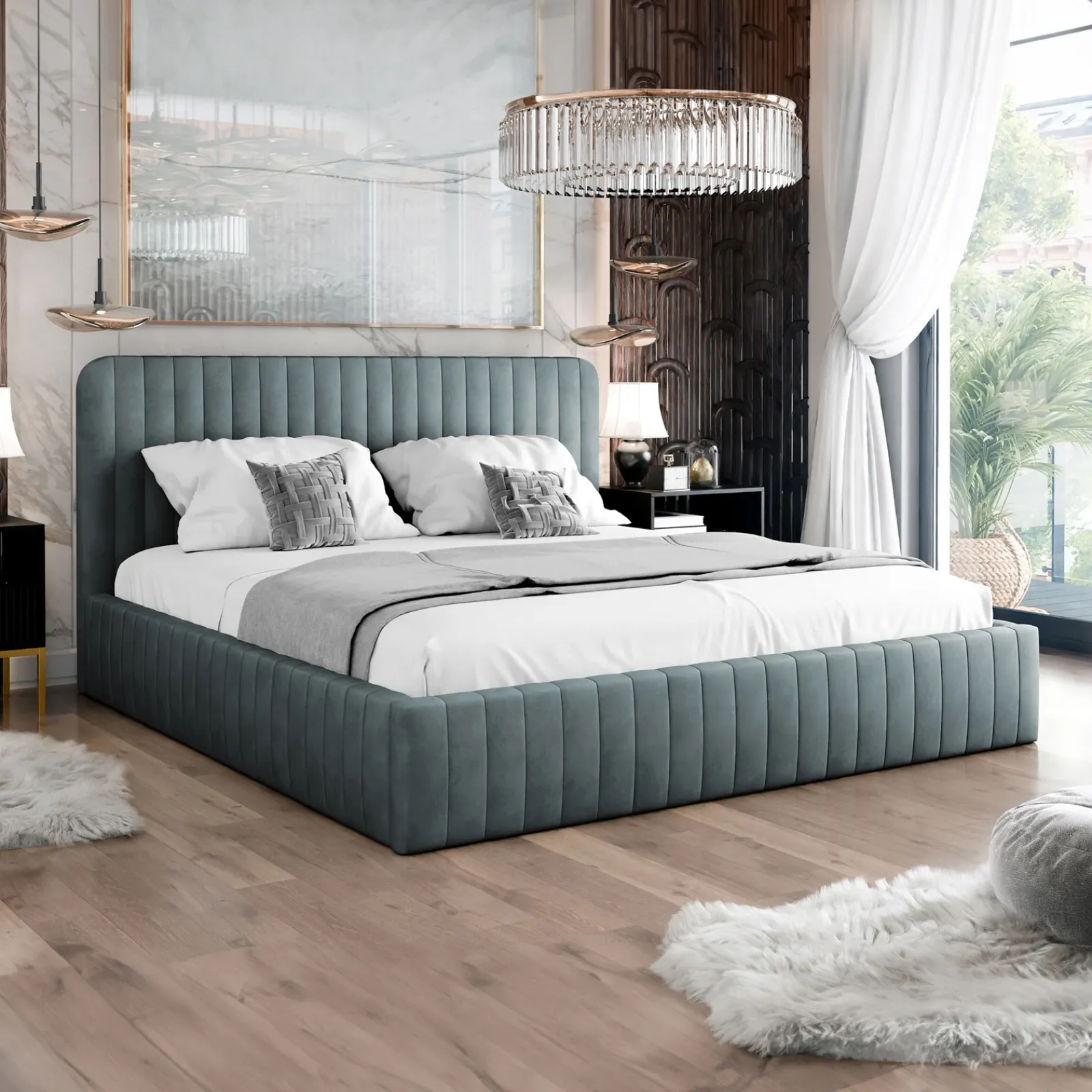 Garnero Arredamenti Letti Matrimoniali|Letti Matrimoniali-Letto contenitore matrimoniale 160x200 imbottito velluto grigio scuro Poffi Tessuto Vellutato Lucido Grigio Scuro