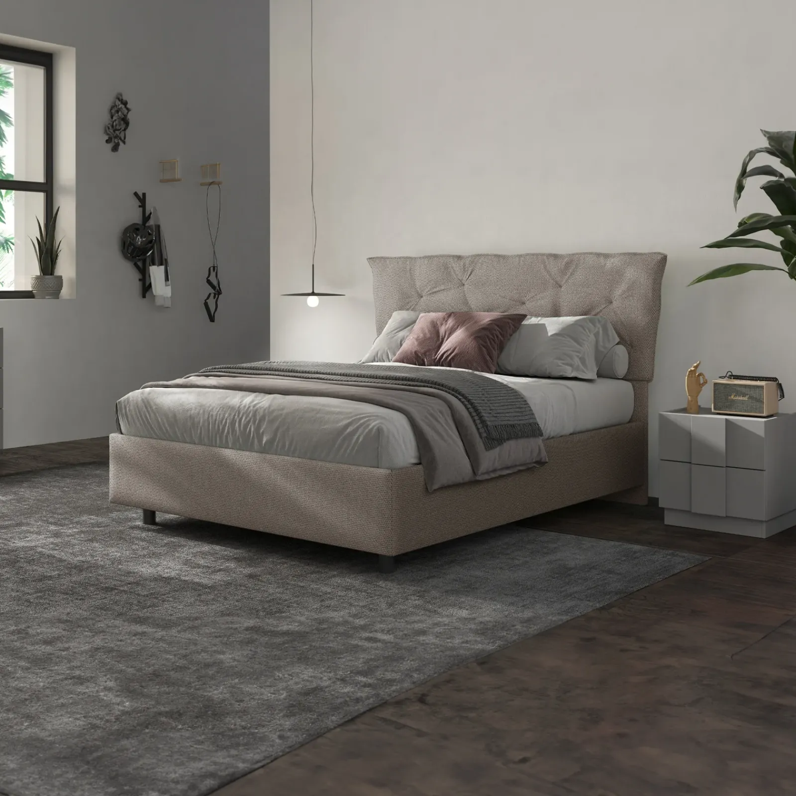 Garnero Arredamenti Letti Matrimoniali|Letti Matrimoniali-Letto contenitore matrimoniale 160x195 imbottito tessuto tortora DreamSpace Tessuto Woven Tortora