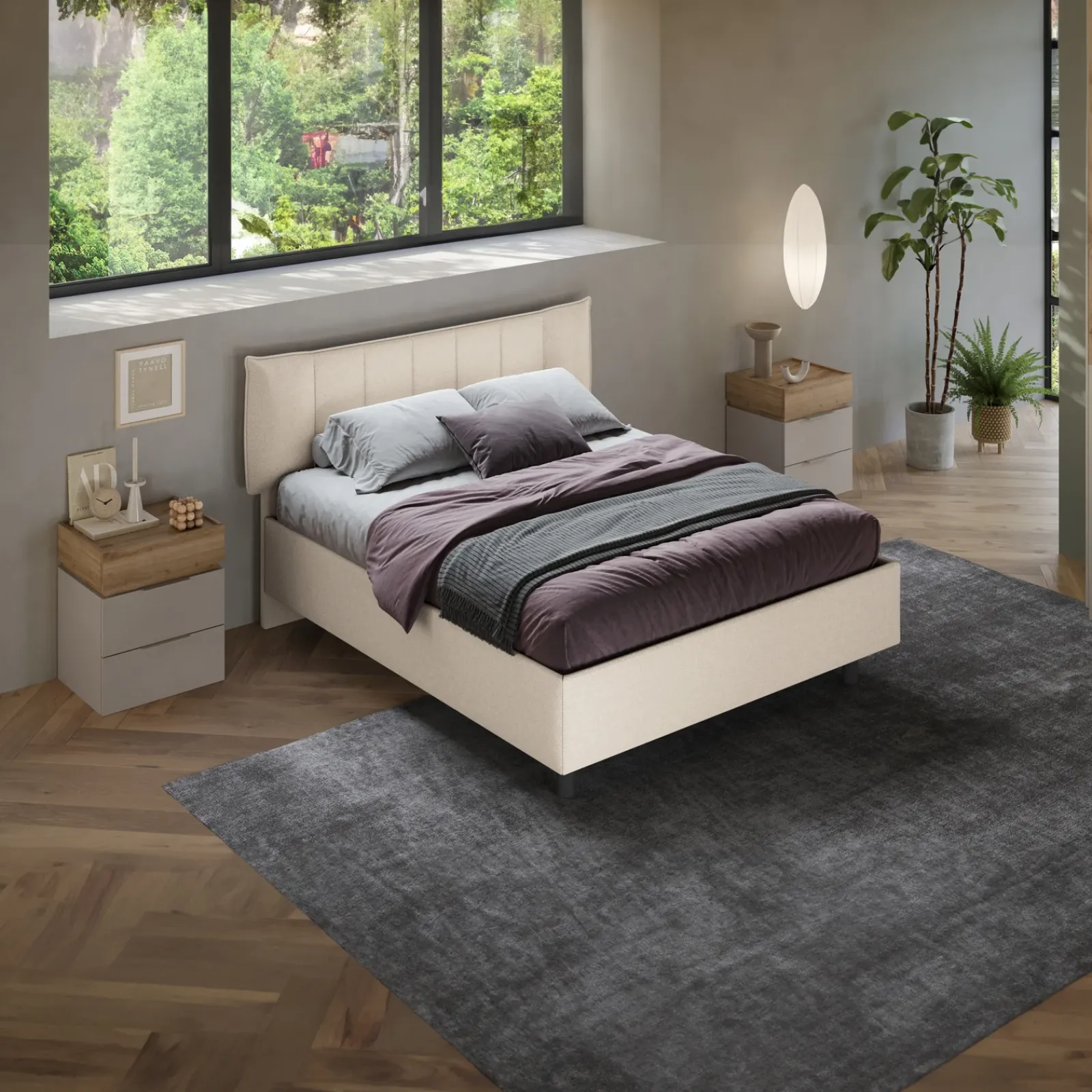 Garnero Arredamenti Letti Matrimoniali|Letti Matrimoniali-Letto contenitore matrimoniale 160x195 imbottito tessuto bianco CozyHaven Tessuto Woven Bianco