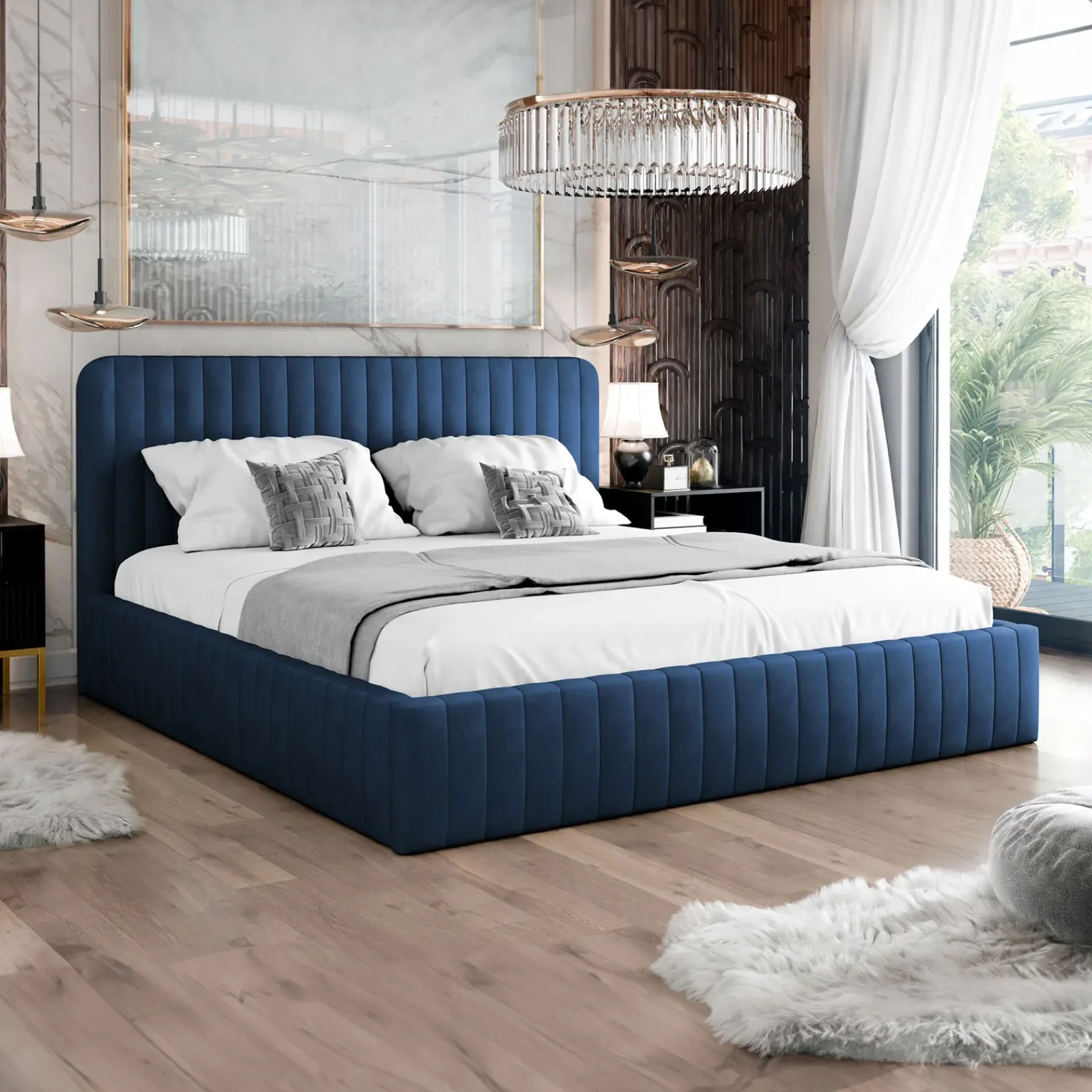 Garnero Arredamenti Letti Matrimoniali|Letti Matrimoniali-Letto contenitore matrimoniale 160x200 imbottito velluto blu Poffi Tessuto Vellutato Lucido Blu