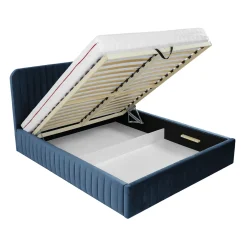 Garnero Arredamenti Letti Matrimoniali|Letti Matrimoniali-Letto contenitore matrimoniale 160x200 imbottito velluto blu Poffi Tessuto Vellutato Lucido Blu