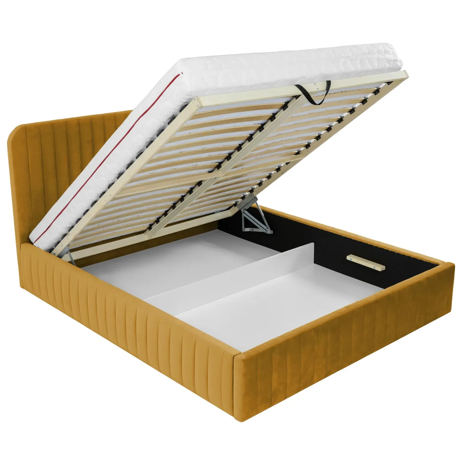 Garnero Arredamenti Letti Matrimoniali|Letti Matrimoniali-Letto contenitore matrimoniale 160x200 imbottito velluto senape Poffi Tessuto Vellutato Lucido Senape