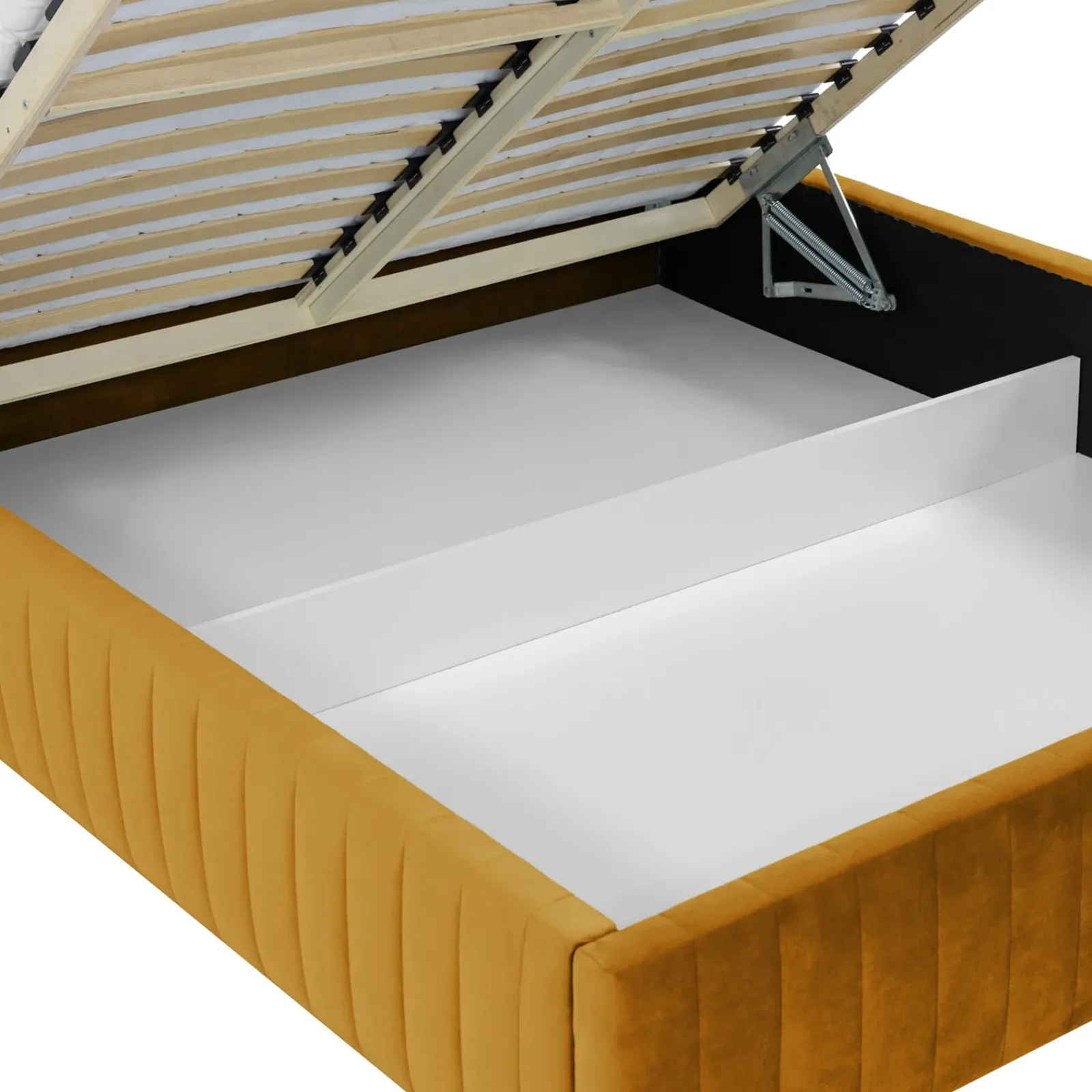 Garnero Arredamenti Letti Matrimoniali|Letti Matrimoniali-Letto contenitore matrimoniale 160x200 imbottito velluto senape Poffi Tessuto Vellutato Lucido Senape