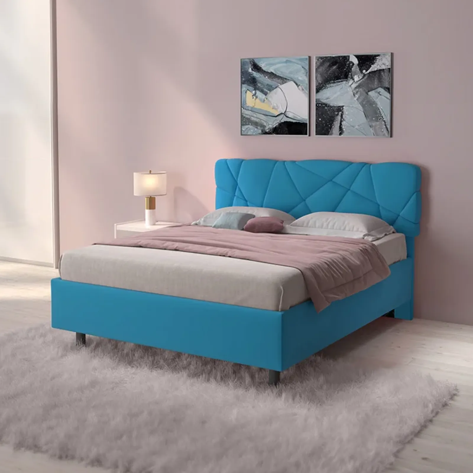 Garnero Arredamenti Letti Matrimoniali|Letti Matrimoniali-Letto contenitore matrimoniale 160x195 imbottito tessuto azzurro LuxeSleep Tessuto Lycra Azzurro