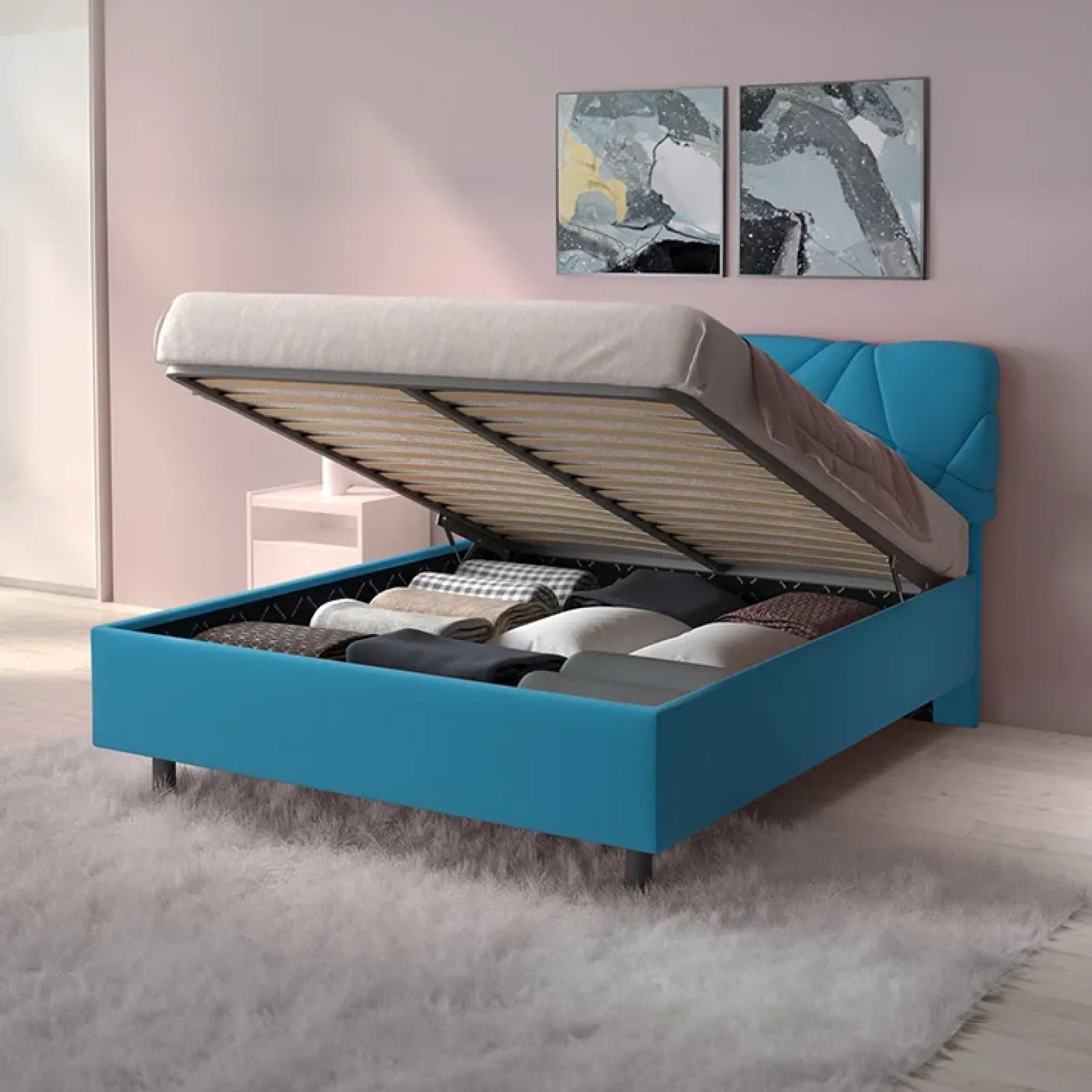 Garnero Arredamenti Letti Matrimoniali|Letti Matrimoniali-Letto contenitore matrimoniale 160x195 imbottito tessuto azzurro LuxeSleep Tessuto Lycra Azzurro