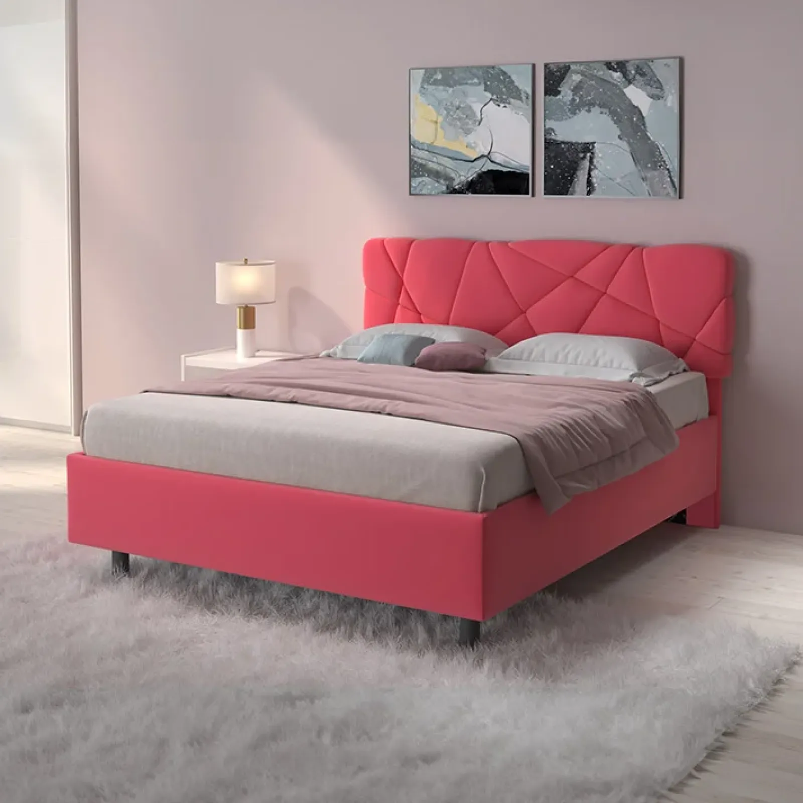 Garnero Arredamenti Letti Matrimoniali|Letti Matrimoniali-Letto contenitore matrimoniale 160x195 imbottito tessuto rosa LuxeSleep Tessuto Lycra Fucsia