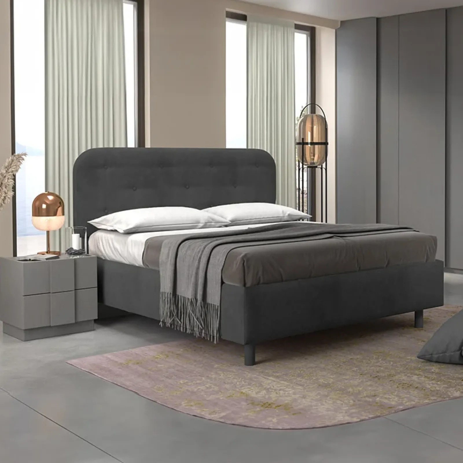 Garnero Arredamenti Letti Matrimoniali|Letti Matrimoniali-Letto contenitore matrimoniale 160x195cm imbottito tessuto antracite DreamLift Tessuto Woven Antracite