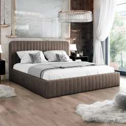 Garnero Arredamenti Letti Matrimoniali|Letti Matrimoniali-Letto contenitore matrimoniale 160x200 imbottito velluto marrone Poffi Tessuto Vellutato Lucido Marrone