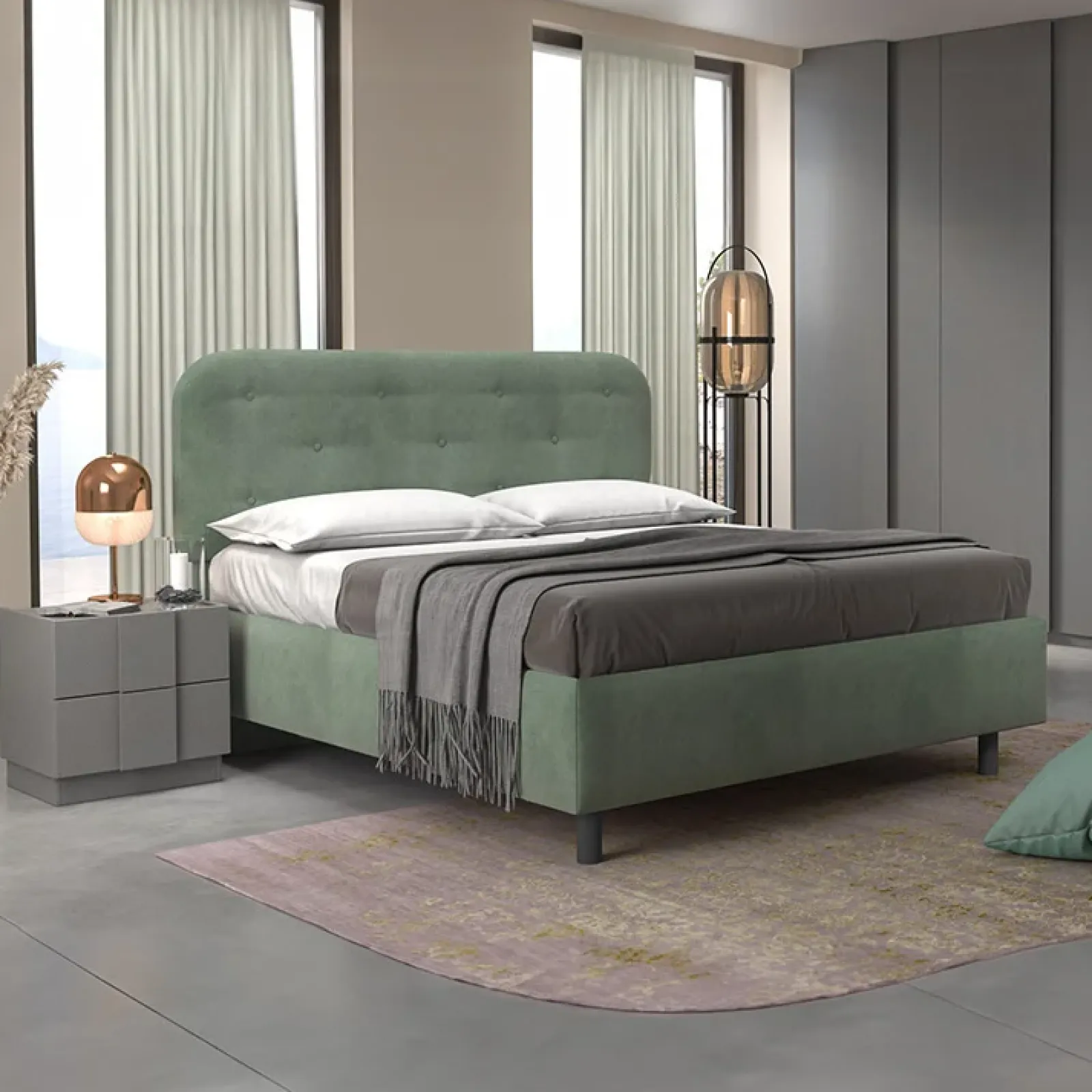 Garnero Arredamenti Letti Matrimoniali|Letti Matrimoniali-Letto contenitore matrimoniale 160x195cm imbottito tessuto verde salvia DreamLift Tessuto Woven Verde Salvia
