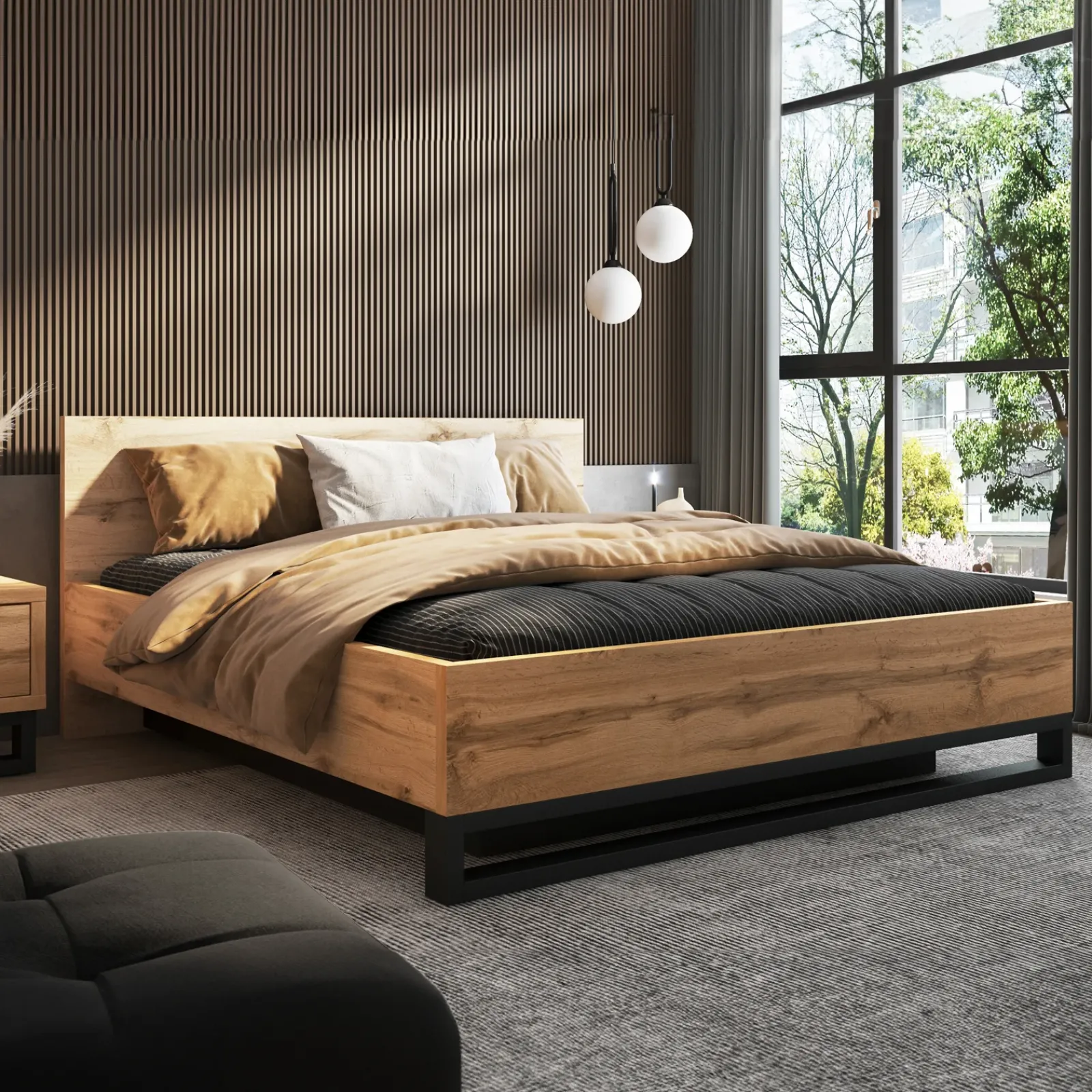 Garnero Arredamenti Letti Oversize-Letto contenitore matrimoniale oversize 180x200cm rovere metallo nero Petra