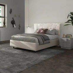 Garnero Arredamenti Letti Matrimoniali|Letti Matrimoniali-Letto contenitore matrimoniale 160x195cm imbottito tessuto bianco sabbia DreamSpace Tessuto Woven Bianco