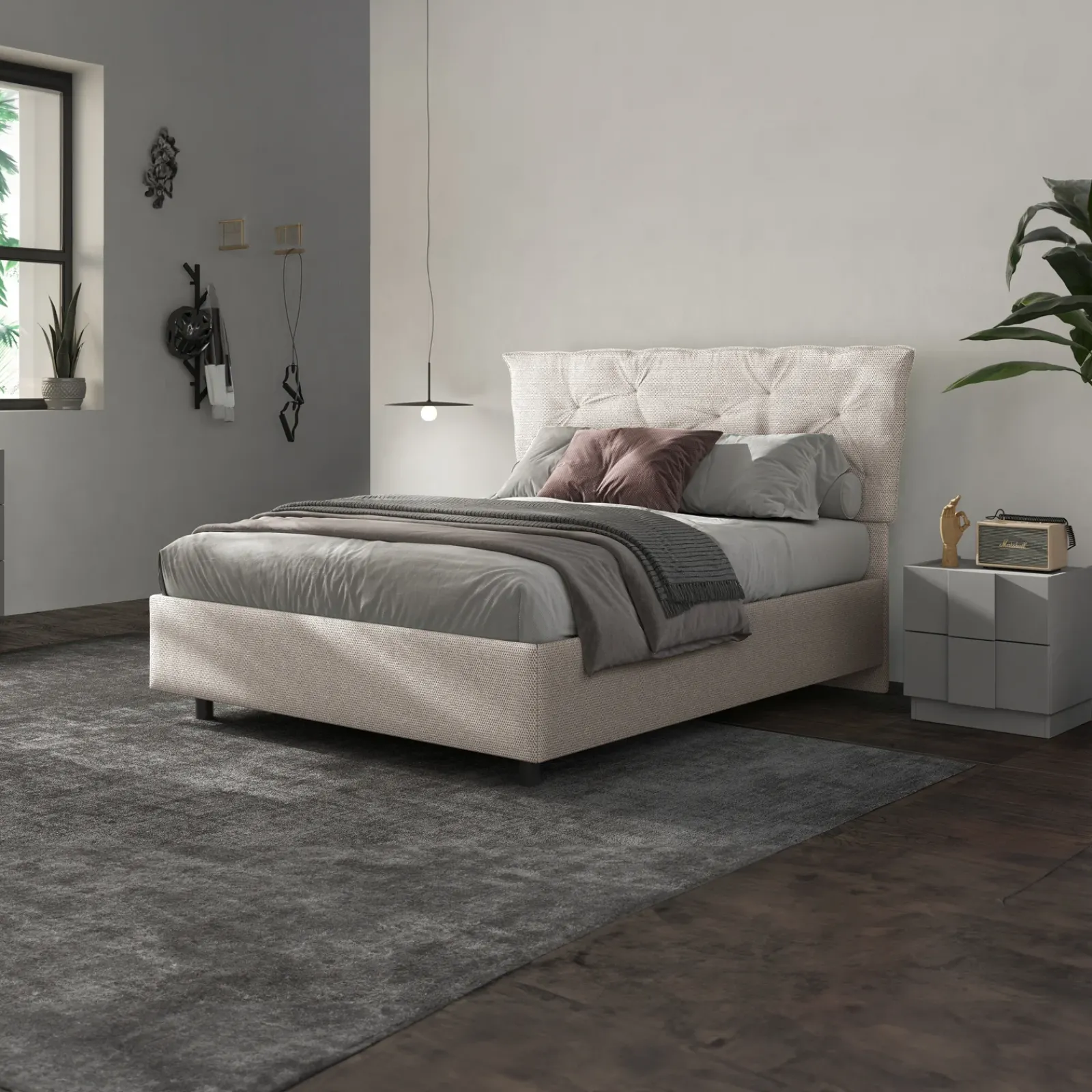Garnero Arredamenti Letti Matrimoniali|Letti Matrimoniali-Letto contenitore matrimoniale 160x195cm imbottito tessuto bianco sabbia DreamSpace Tessuto Woven Bianco