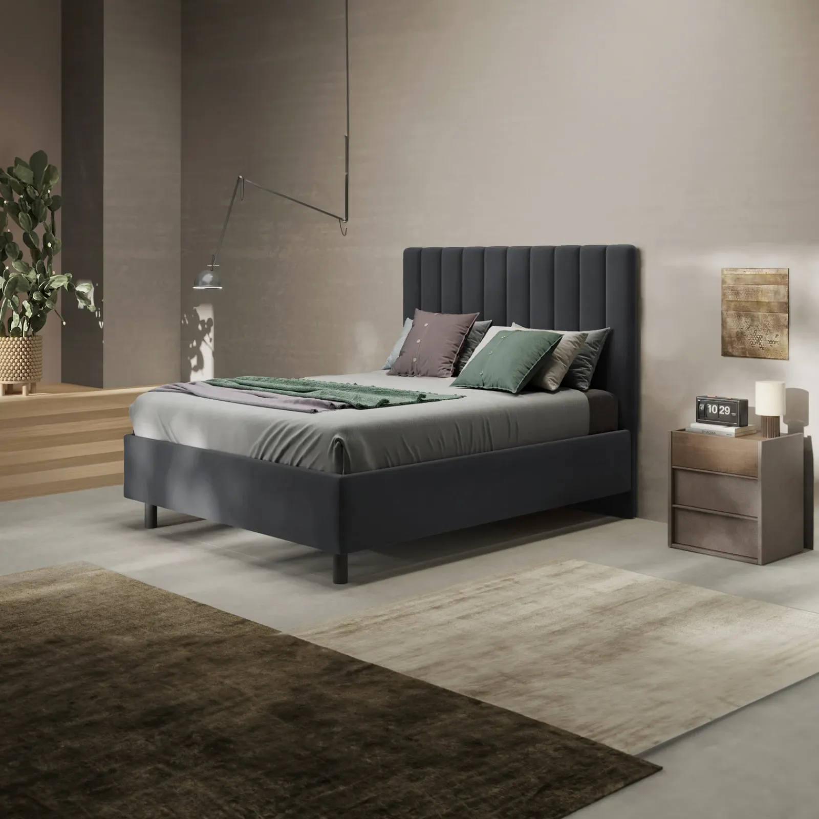 Garnero Arredamenti Letti Matrimoniali|Letti Matrimoniali-Letto contenitore matrimoniale 160x195cm imbottito tessuto antracite CozyCubby Tessuto Vellutato Antracite
