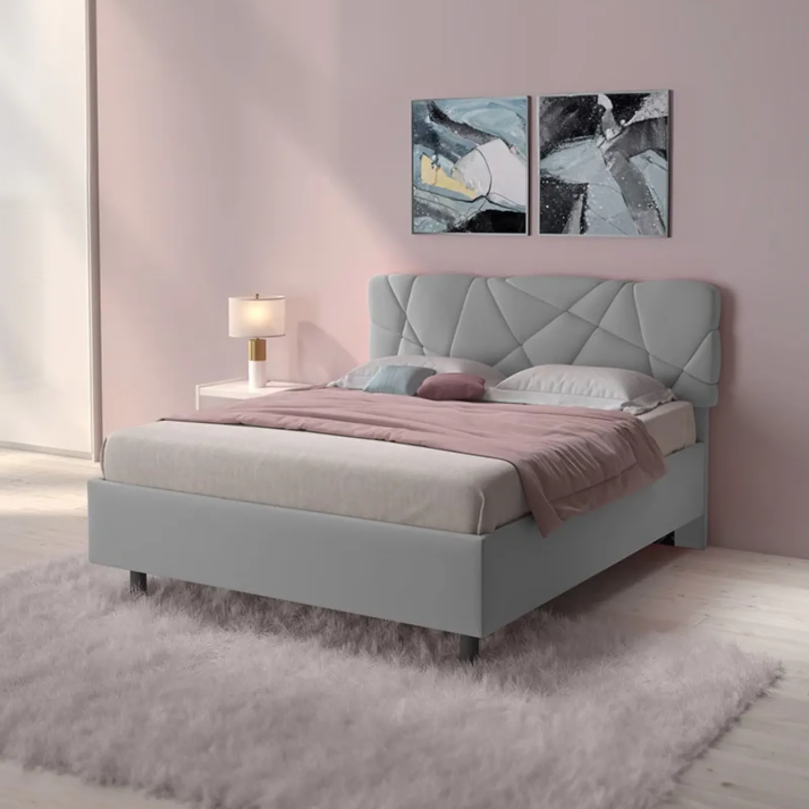 Garnero Arredamenti Letti Matrimoniali|Letti Matrimoniali-Letto contenitore matrimoniale 160x195 imbottito tessuto grigio LuxeSleep Tessuto Lycra Grigio