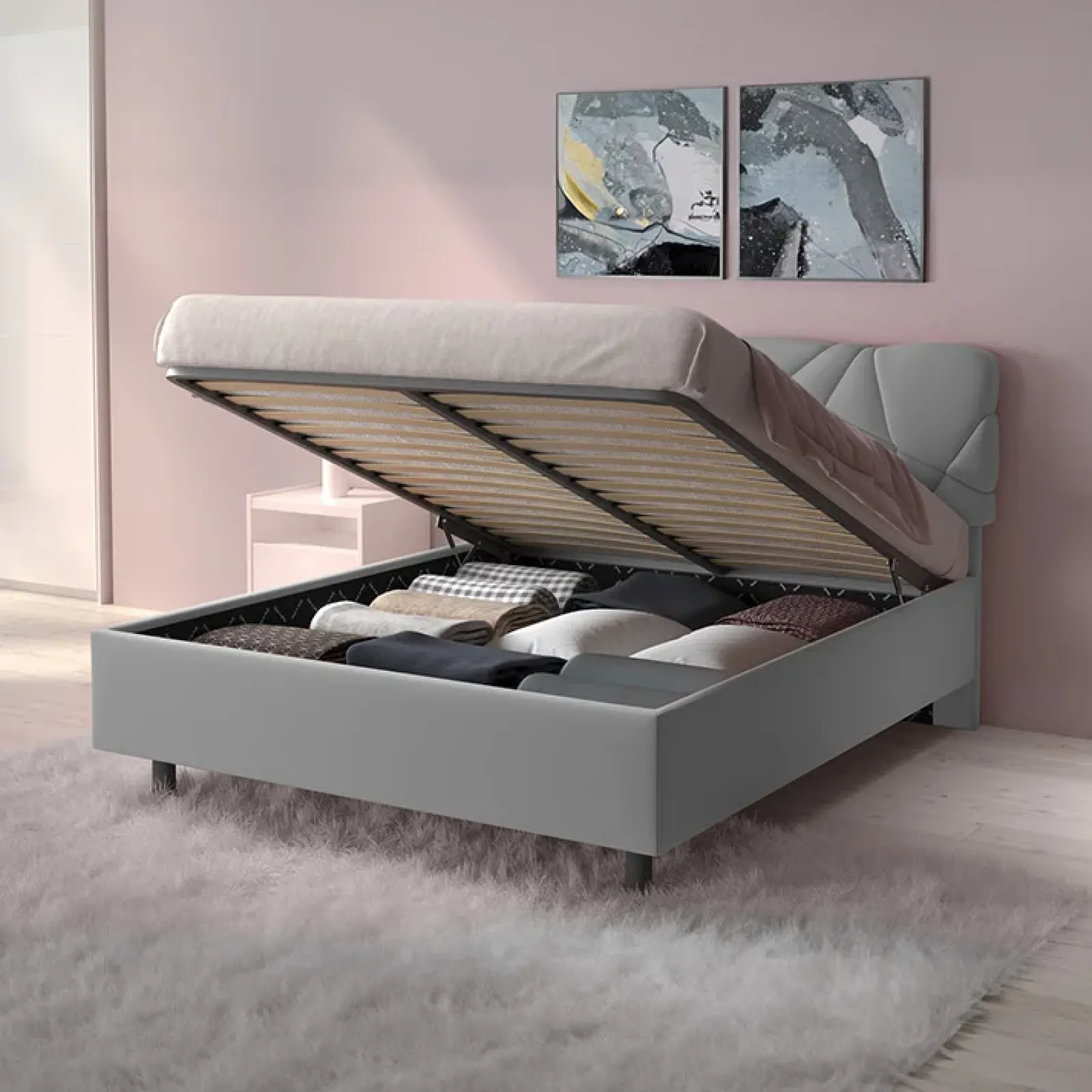 Garnero Arredamenti Letti Matrimoniali|Letti Matrimoniali-Letto contenitore matrimoniale 160x195 imbottito tessuto grigio LuxeSleep Tessuto Lycra Grigio