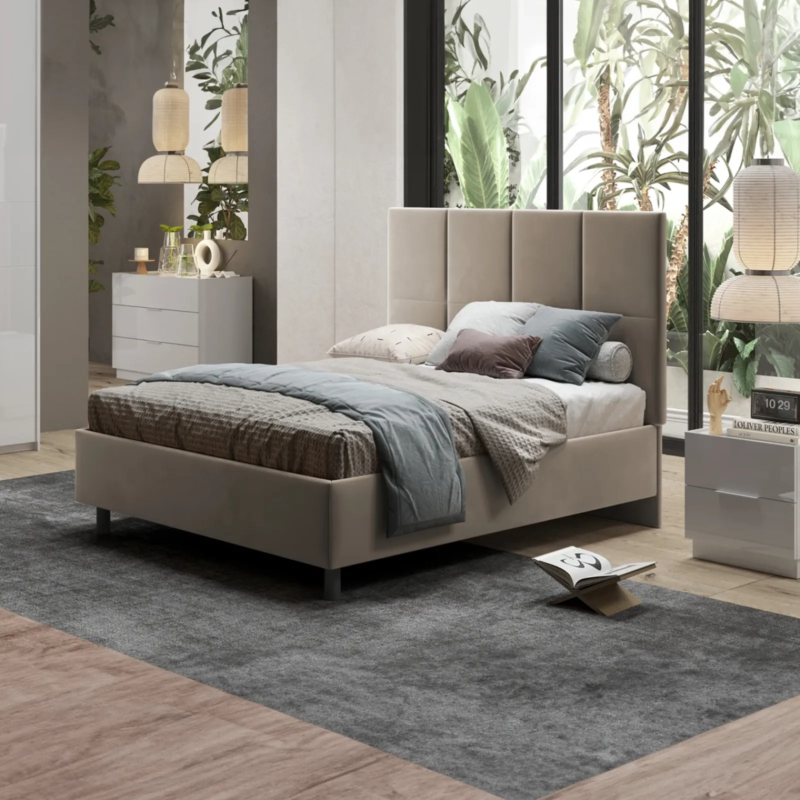 Garnero Arredamenti Letti Matrimoniali|Letti Matrimoniali-Letto contenitore matrimoniale 160x195 imbottito tessuto tortora SleepSolutions Tessuto Velluto Tortora