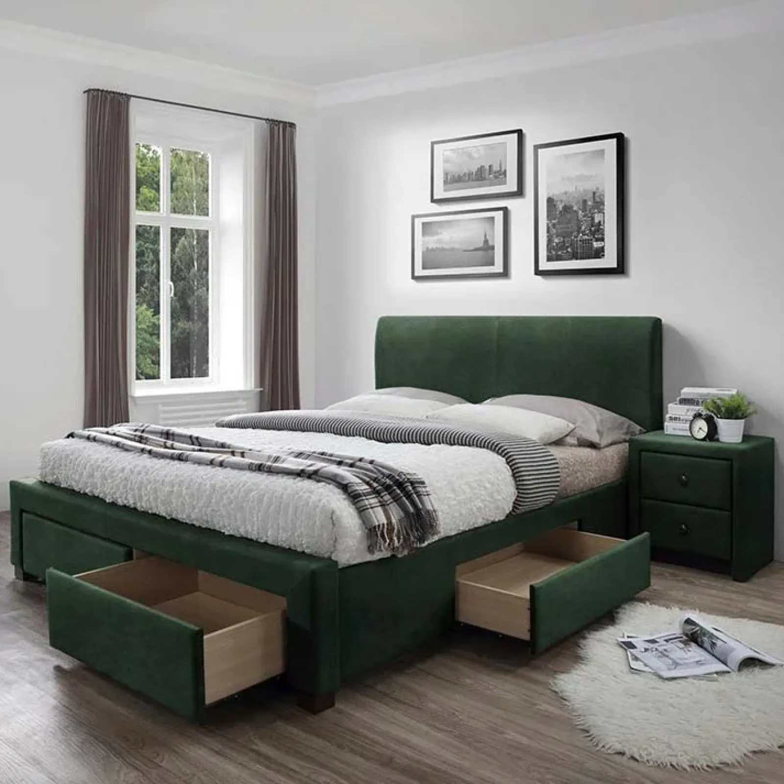 Garnero Arredamenti Letti Matrimoniali|Letti Matrimoniali-Letto imbottito in velluto con cassettoni 160x200cm verde Quincy