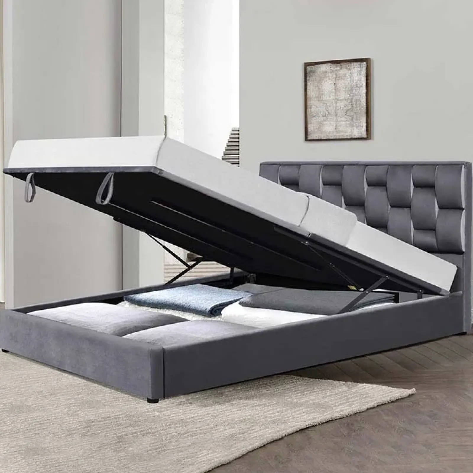 Garnero Arredamenti Letti Matrimoniali|Letti Matrimoniali-Letto imbottito matrimoniale in velluto con contenitore 160x200cm grigio Arena