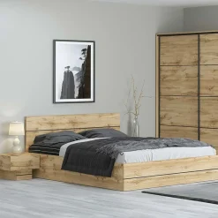 Garnero Arredamenti Letti Matrimoniali|Letti Matrimoniali-Letto matrimoniale contenitore con comodini 160x200cm quercia Tamika