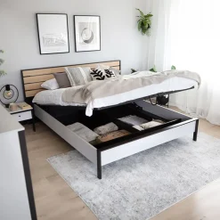 Garnero Arredamenti Letti Matrimoniali|Letti Matrimoniali-Letto matrimoniale contenitore 160x200cm con LED e presa USB-C grigio nero rovere Luna