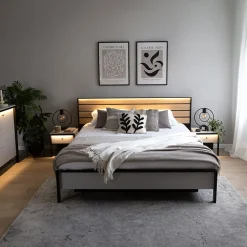 Garnero Arredamenti Letti Matrimoniali|Letti Matrimoniali-Letto matrimoniale contenitore 160x200cm con LED e presa USB-C grigio nero rovere Luna