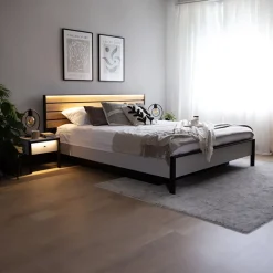 Garnero Arredamenti Letti Matrimoniali|Letti Matrimoniali-Letto matrimoniale contenitore 160x200cm con LED e presa USB-C grigio nero rovere Luna