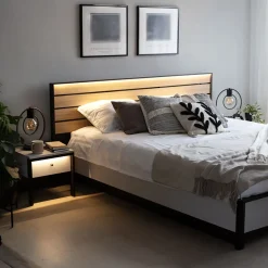 Garnero Arredamenti Letti Matrimoniali|Letti Matrimoniali-Letto matrimoniale contenitore 160x200cm con LED e presa USB-C grigio nero rovere Luna