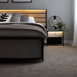 Garnero Arredamenti Letti Matrimoniali|Letti Matrimoniali-Letto matrimoniale contenitore 160x200cm con LED e presa USB-C grigio nero rovere Luna