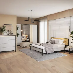 Garnero Arredamenti Letti Matrimoniali|Letti Matrimoniali-Letto matrimoniale contenitore 160x200cm con LED e presa USB-C grigio nero rovere Luna