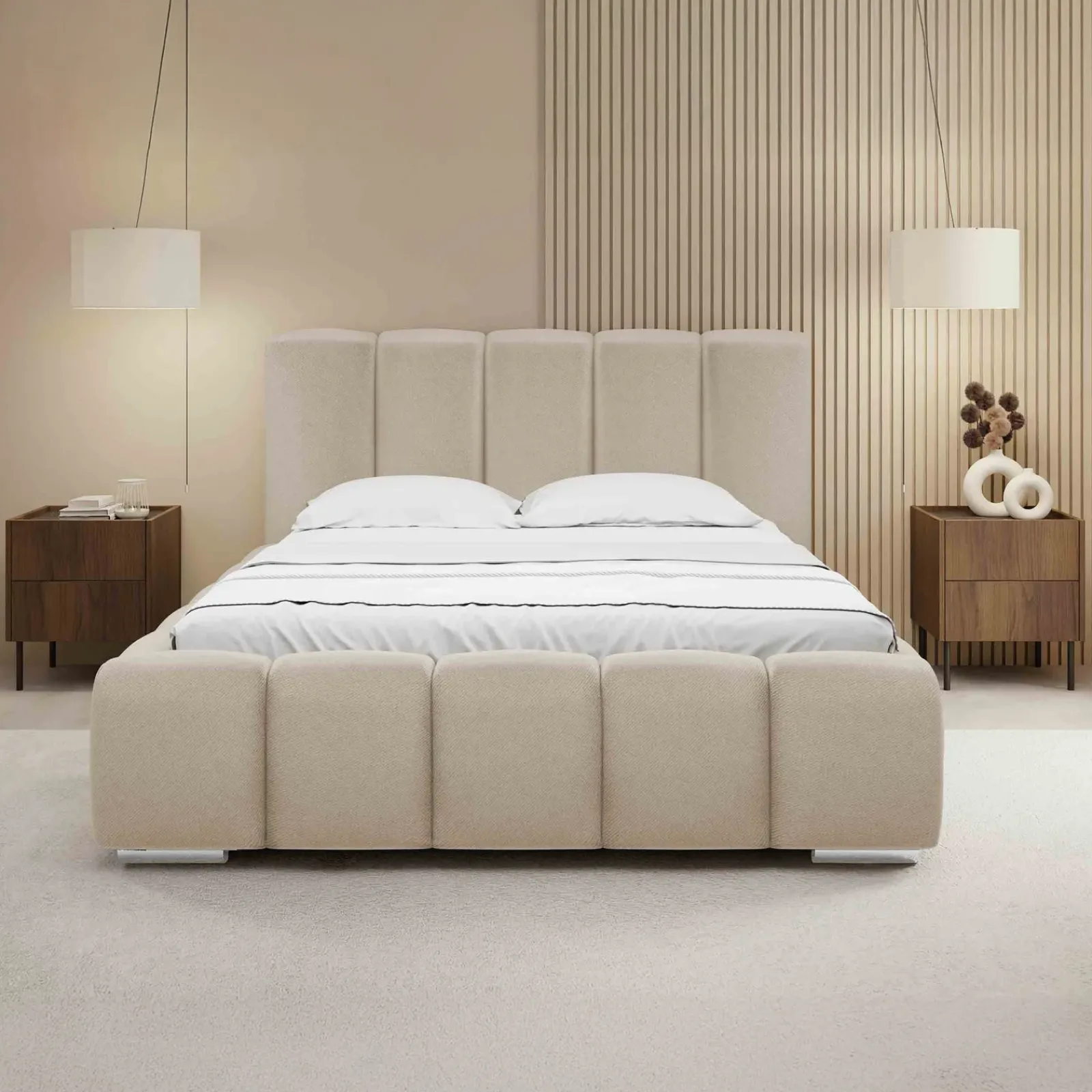 Garnero Arredamenti Letti Oversize-Letto matrimoniale oversize 180x200 cm con rete contenitore imbottito beige Cometa Tessuto Paros Beige