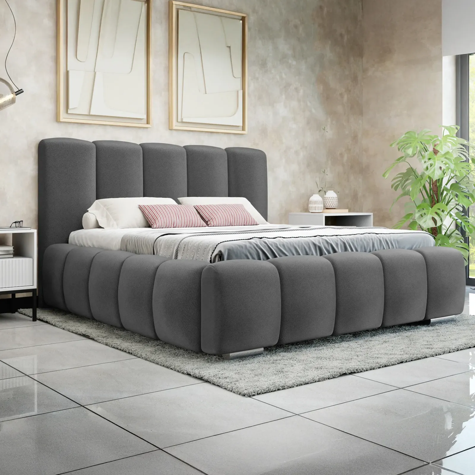 Garnero Arredamenti Letti Oversize-Letto matrimoniale oversize 180x200 cm con rete contenitore imbottito grigio scuro Cometa Tessuto Kronos Grigio Scuro