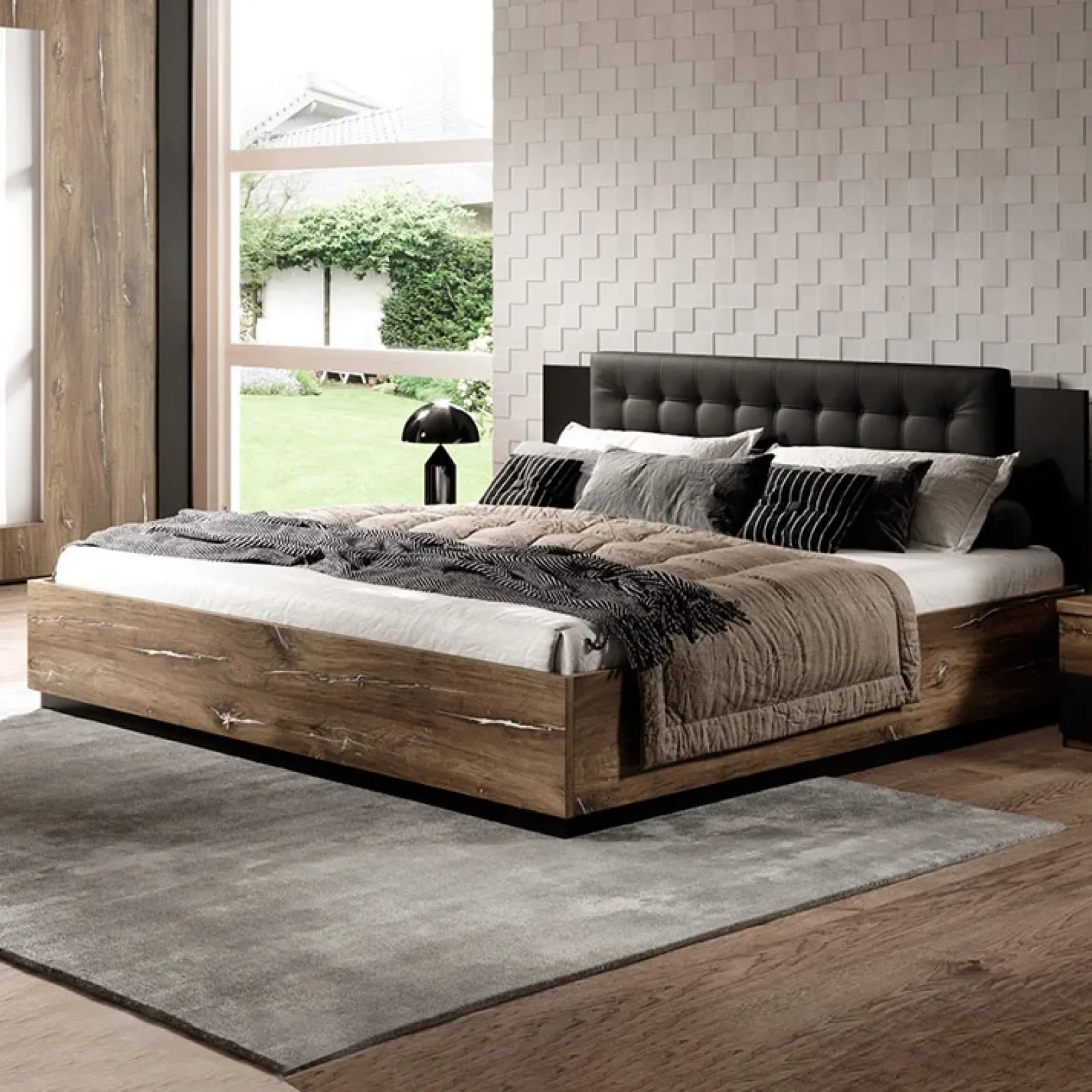 Garnero Arredamenti Letti Oversize-Letto matrimoniale oversize 180x200cm con rete contenitore rovere scuro nero Vulcano Rovere Rustico