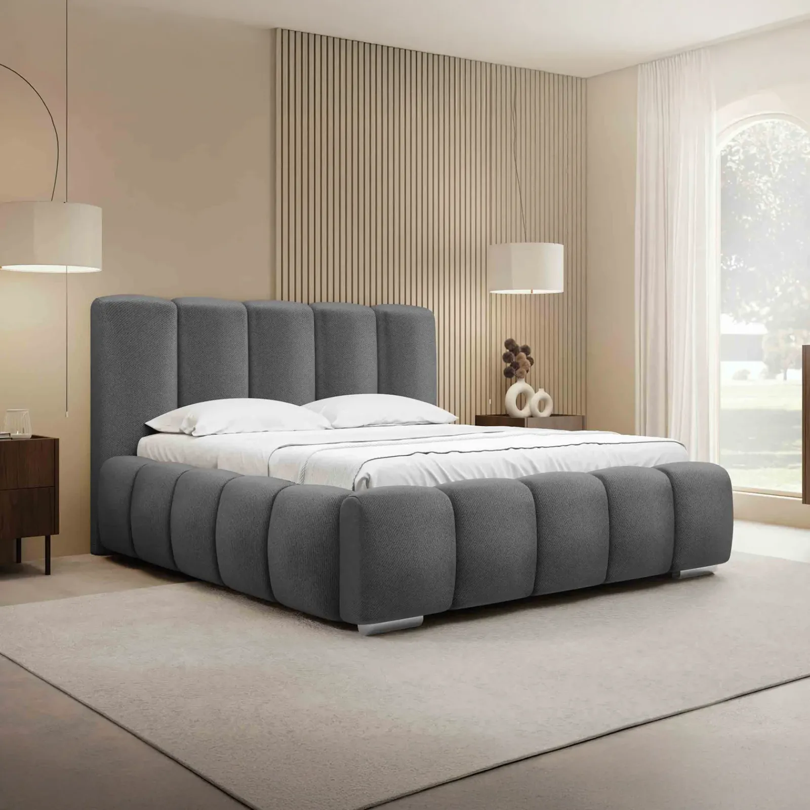 Garnero Arredamenti Letti Matrimoniali|Letti Matrimoniali-Letto matrimoniale 160x200 cm con rete contenitore imbottito grigio scuro Cometa Tessuto Kronos Grigio Scuro