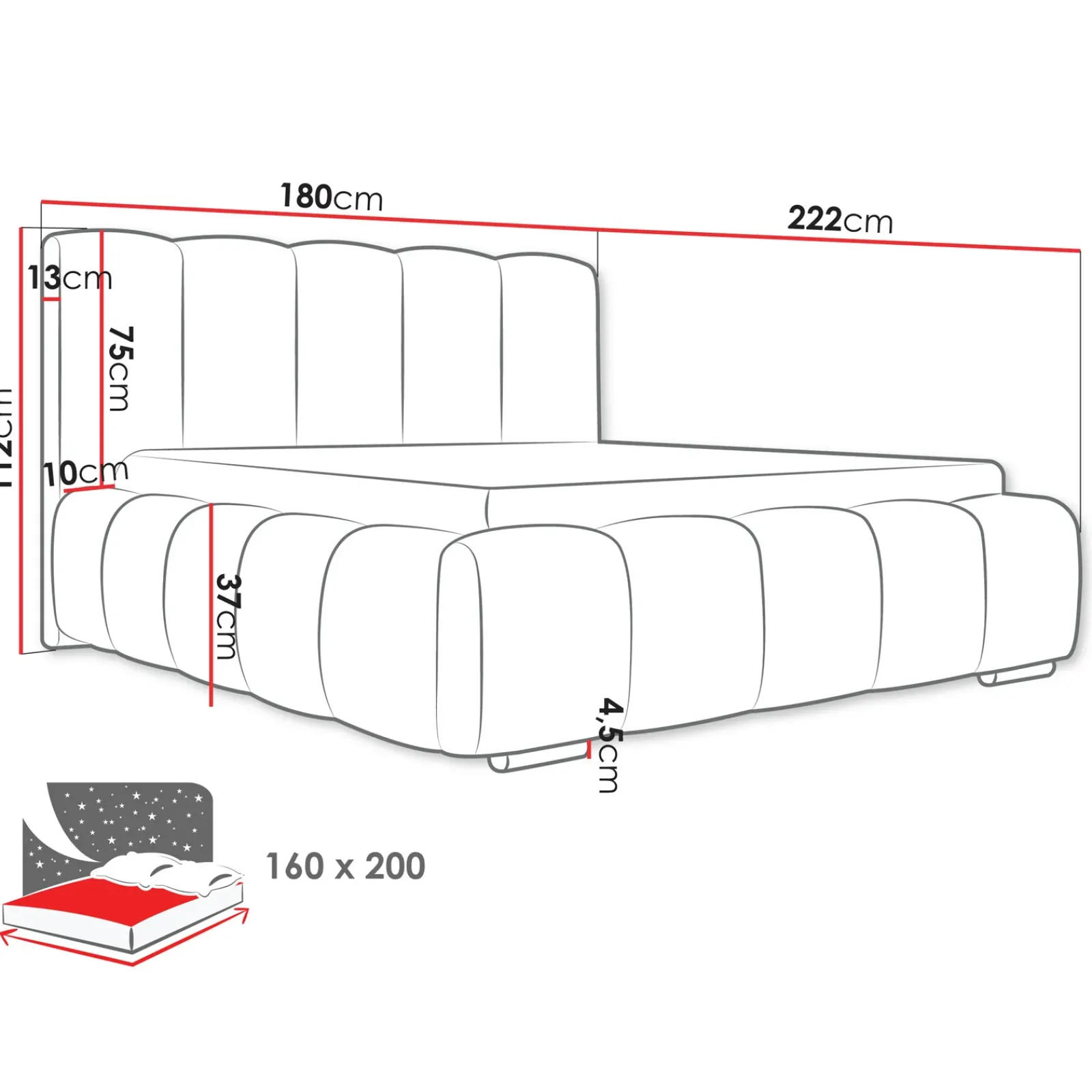 Garnero Arredamenti Letti Matrimoniali|Letti Matrimoniali-Letto matrimoniale 160x200 cm con rete contenitore imbottito grigio scuro Cometa Tessuto Kronos Grigio Scuro